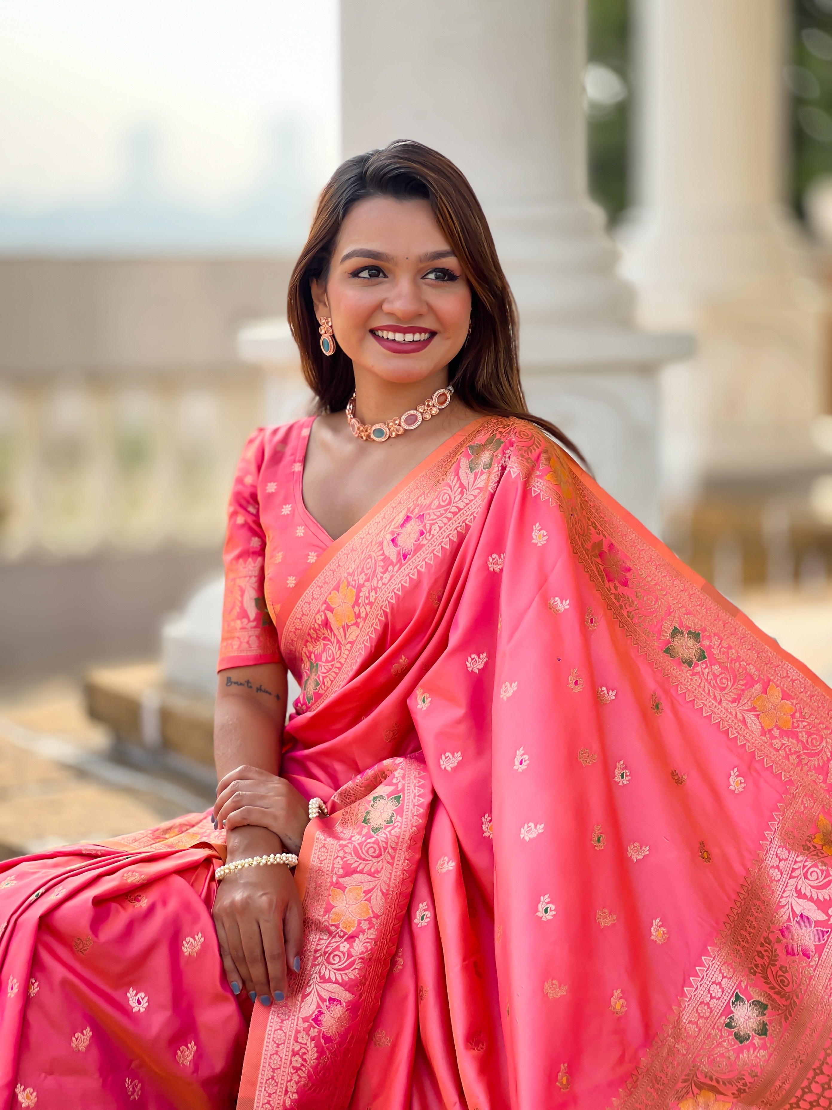 Vedant Vastram Soft Litchi Silk Banarasi Silk Jacquard Saree - Gajri | Grocsy