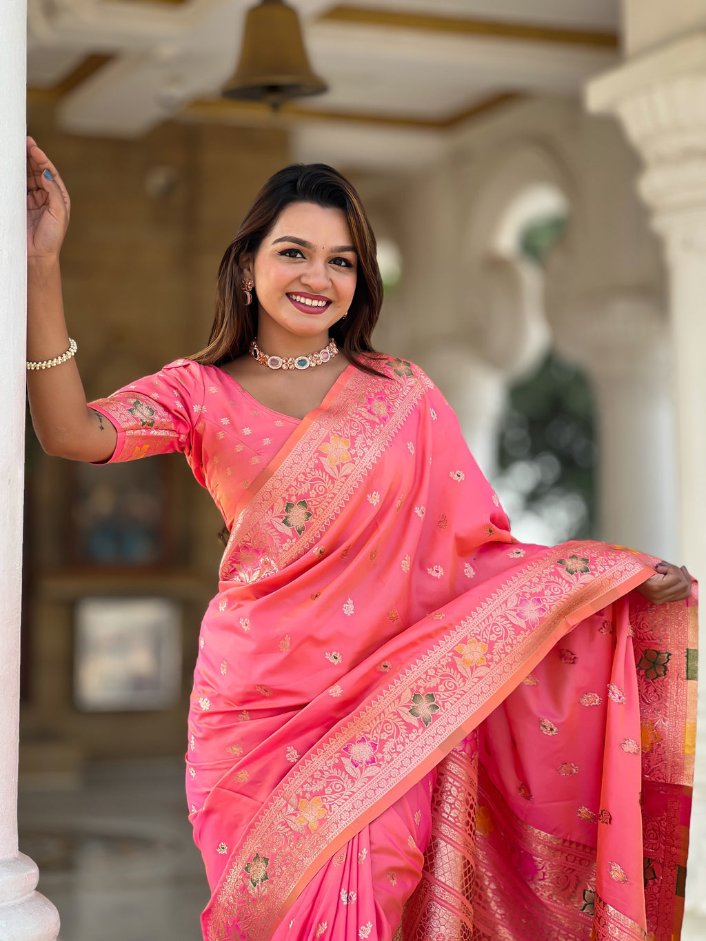 Vedant Vastram Soft Litchi Silk Banarasi Silk Jacquard Saree - Gajri | Grocsy
