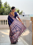 Vedant Vastram Soft Litchi Silk Banarasi Silk Jacquard Saree - Navy Blue | Grocsy
