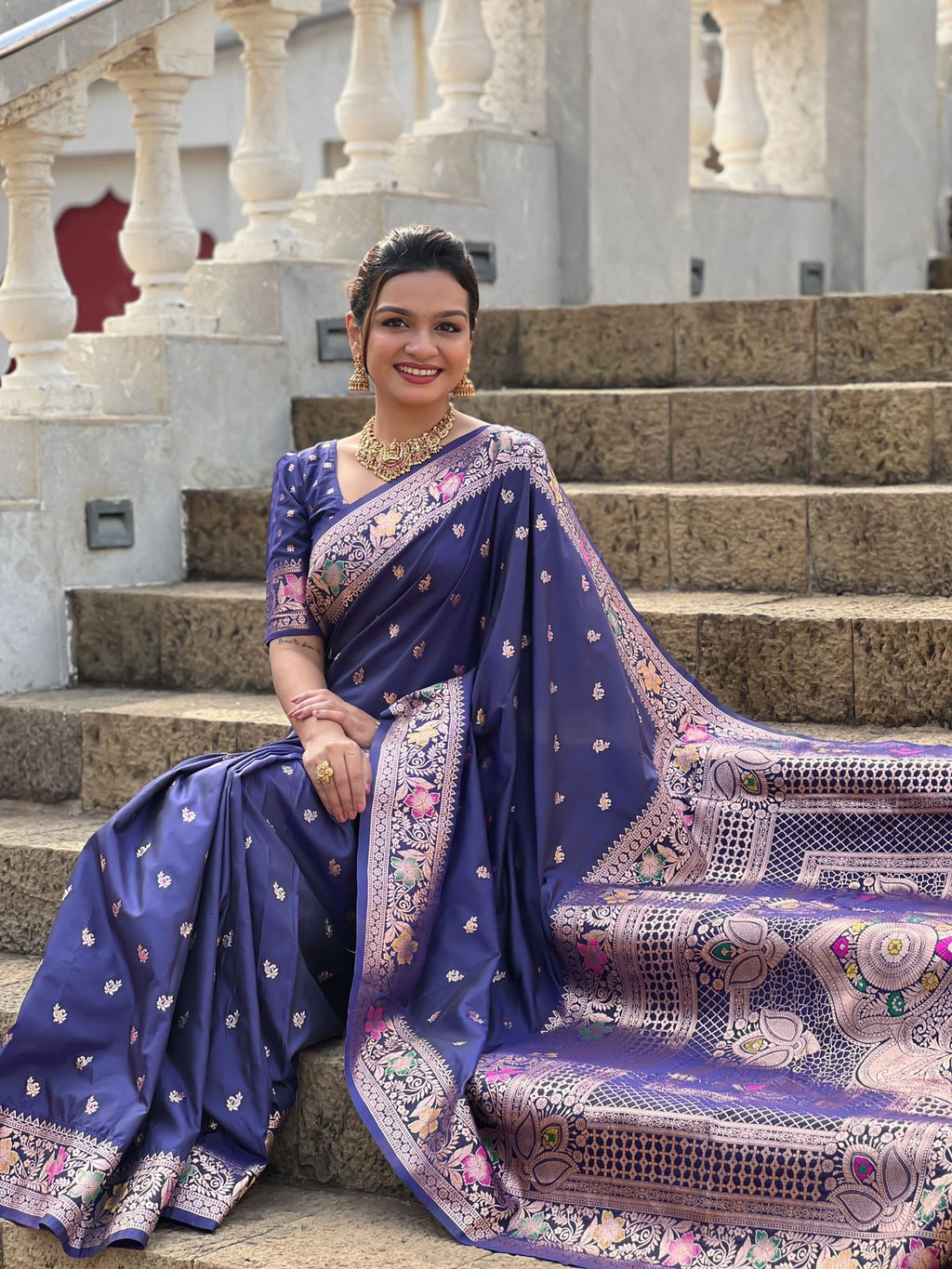 Vedant Vastram Soft Litchi Silk Banarasi Silk Jacquard Saree - Navy Blue | Grocsy