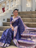 Vedant Vastram Soft Litchi Silk Banarasi Silk Jacquard Saree - Navy Blue | Grocsy