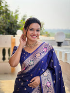 Vedant Vastram Soft Litchi Silk Banarasi Silk Jacquard Saree - Navy Blue | Grocsy