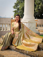Vedant Vastram Soft Litchi Silk Banarasi Silk Jacquard Saree - Pista | Grocsy