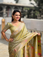 Vedant Vastram Soft Litchi Silk Banarasi Silk Jacquard Saree - Pista | Grocsy