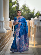 Vedant Vastram Soft Litchi Silk Banarasi Silk Jacquard Saree - Skyblue | Grocsy