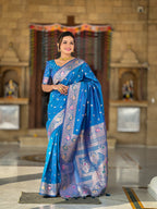 Vedant Vastram Soft Litchi Silk Banarasi Silk Jacquard Saree - Skyblue | Grocsy