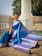 Vedant Vastram Soft Litchi Silk Banarasi Silk Jacquard Saree - Skyblue | Grocsy