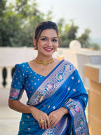 Vedant Vastram Soft Litchi Silk Banarasi Silk Jacquard Saree - Skyblue | Grocsy