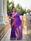 Vedant Vastram Soft Litchi Silk Banarasi Silk Jacquard Saree - Violet | Grocsy