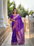 Vedant Vastram Soft Litchi Silk Banarasi Silk Jacquard Saree - Violet | Grocsy
