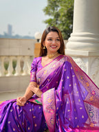 Vedant Vastram Soft Litchi Silk Banarasi Silk Jacquard Saree - Violet | Grocsy