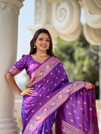 Vedant Vastram Soft Litchi Silk Banarasi Silk Jacquard Saree - Violet | Grocsy