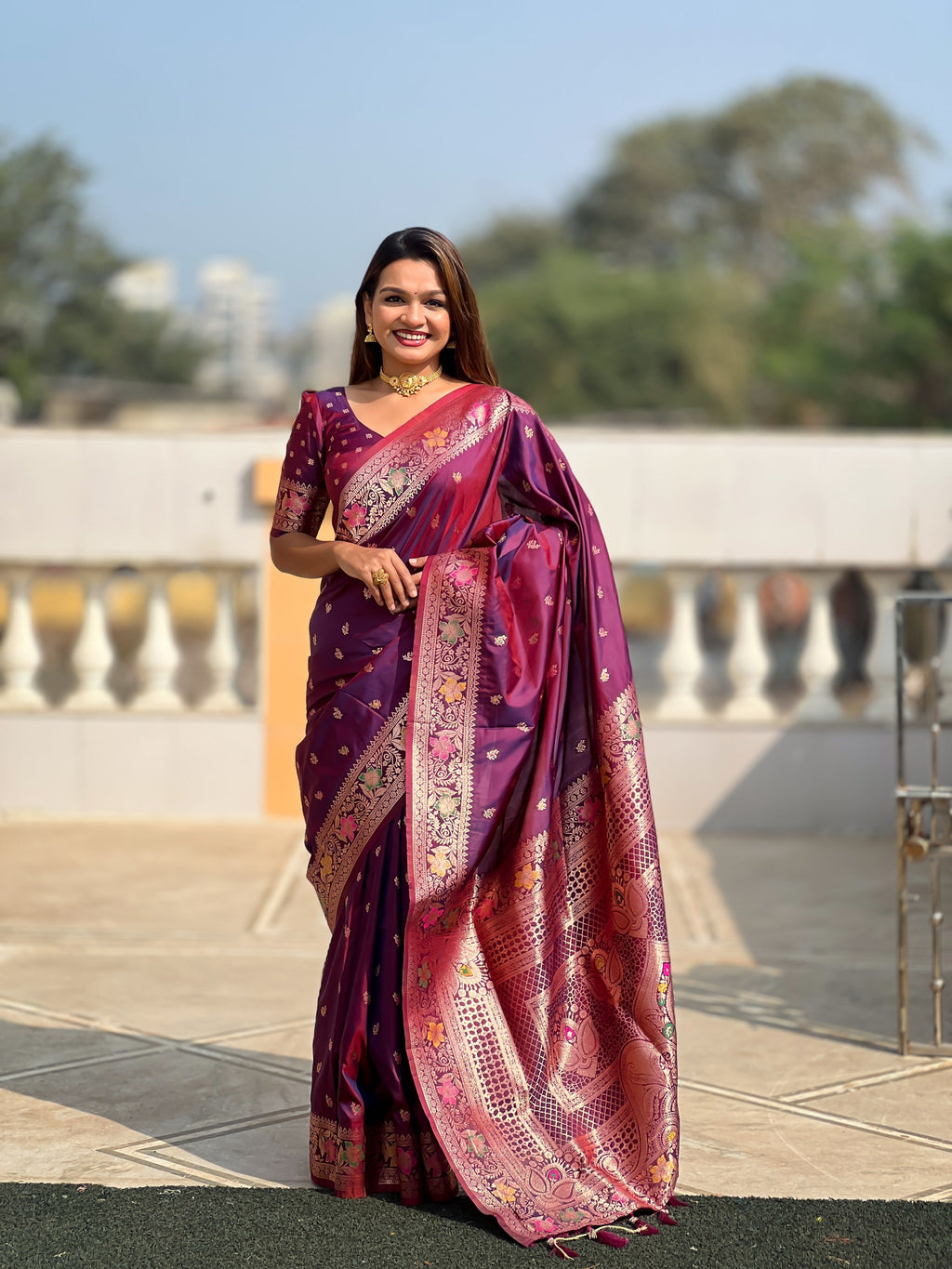 Vedant Vastram Soft Litchi Silk Banarasi Silk Jacquard Saree - Wine | Grocsy