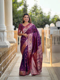 Vedant Vastram Soft Litchi Silk Banarasi Silk Jacquard Saree - Wine | Grocsy