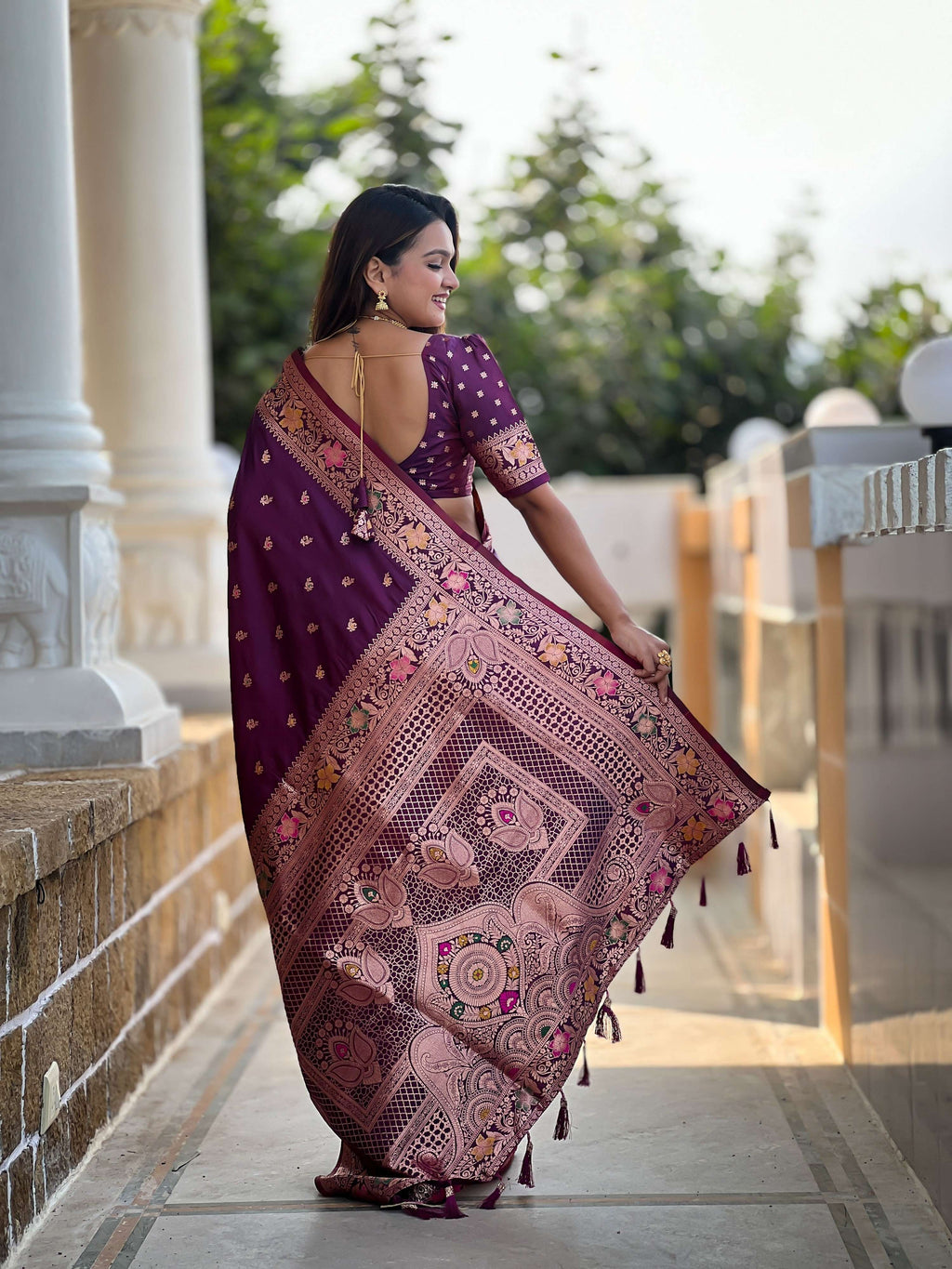 Vedant Vastram Soft Litchi Silk Banarasi Silk Jacquard Saree - Wine | Grocsy