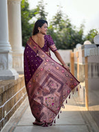 Vedant Vastram Soft Litchi Silk Banarasi Silk Jacquard Saree - Wine | Grocsy