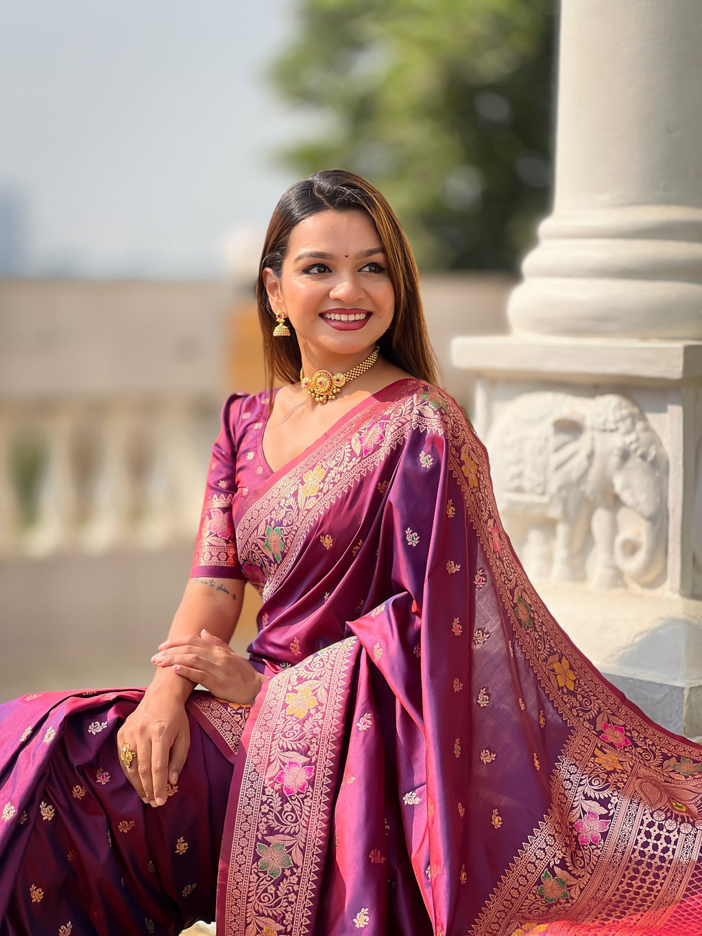 Vedant Vastram Soft Litchi Silk Banarasi Silk Jacquard Saree - Wine | Grocsy