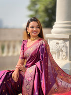 Vedant Vastram Soft Litchi Silk Banarasi Silk Jacquard Saree - Wine | Grocsy