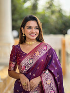 Vedant Vastram Soft Litchi Silk Banarasi Silk Jacquard Saree - Wine | Grocsy