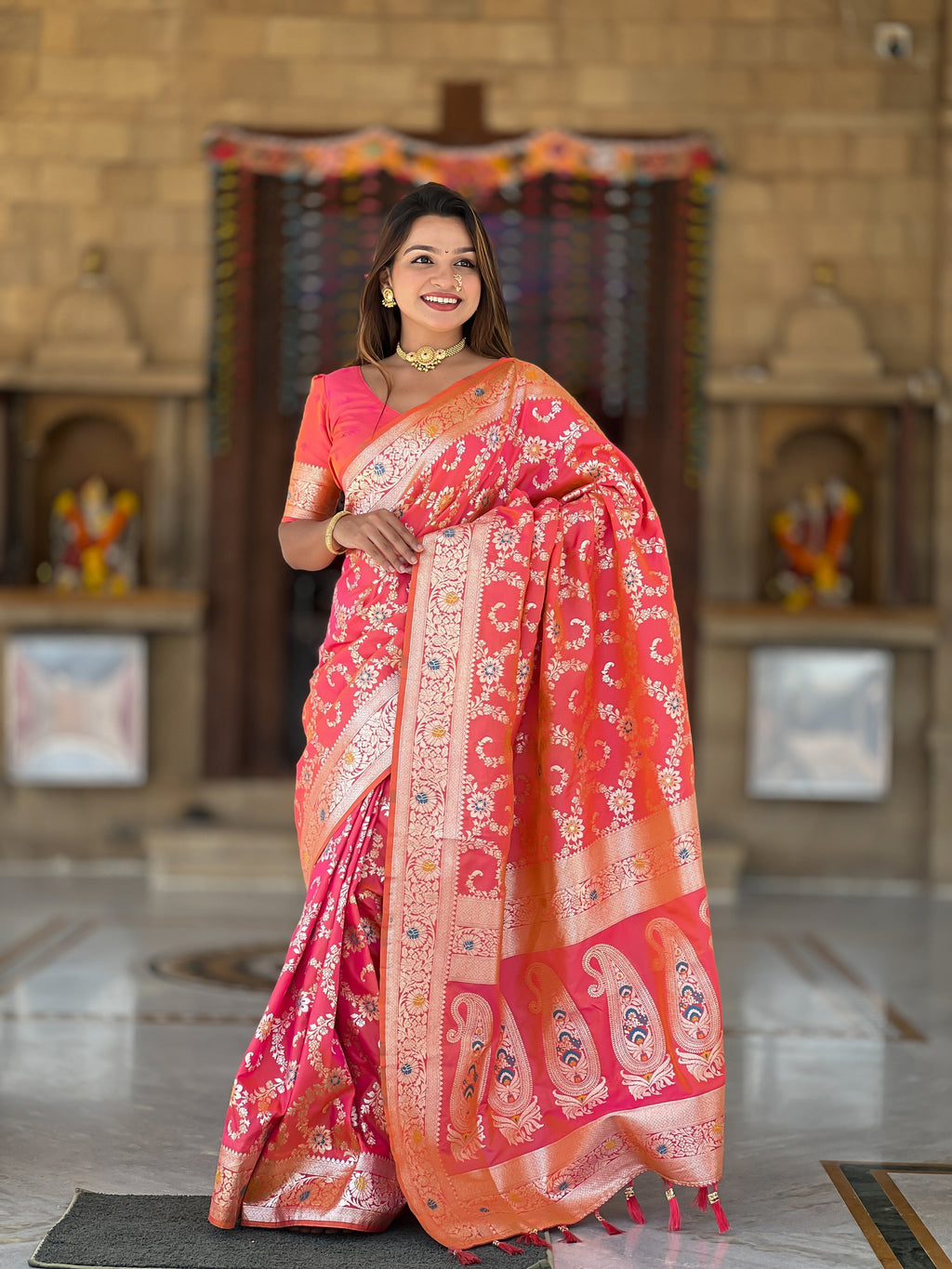 Vedant Vastram Soft Litchi Silk Banarasi Silk Jacquard Saree - Gajri | Grocsy