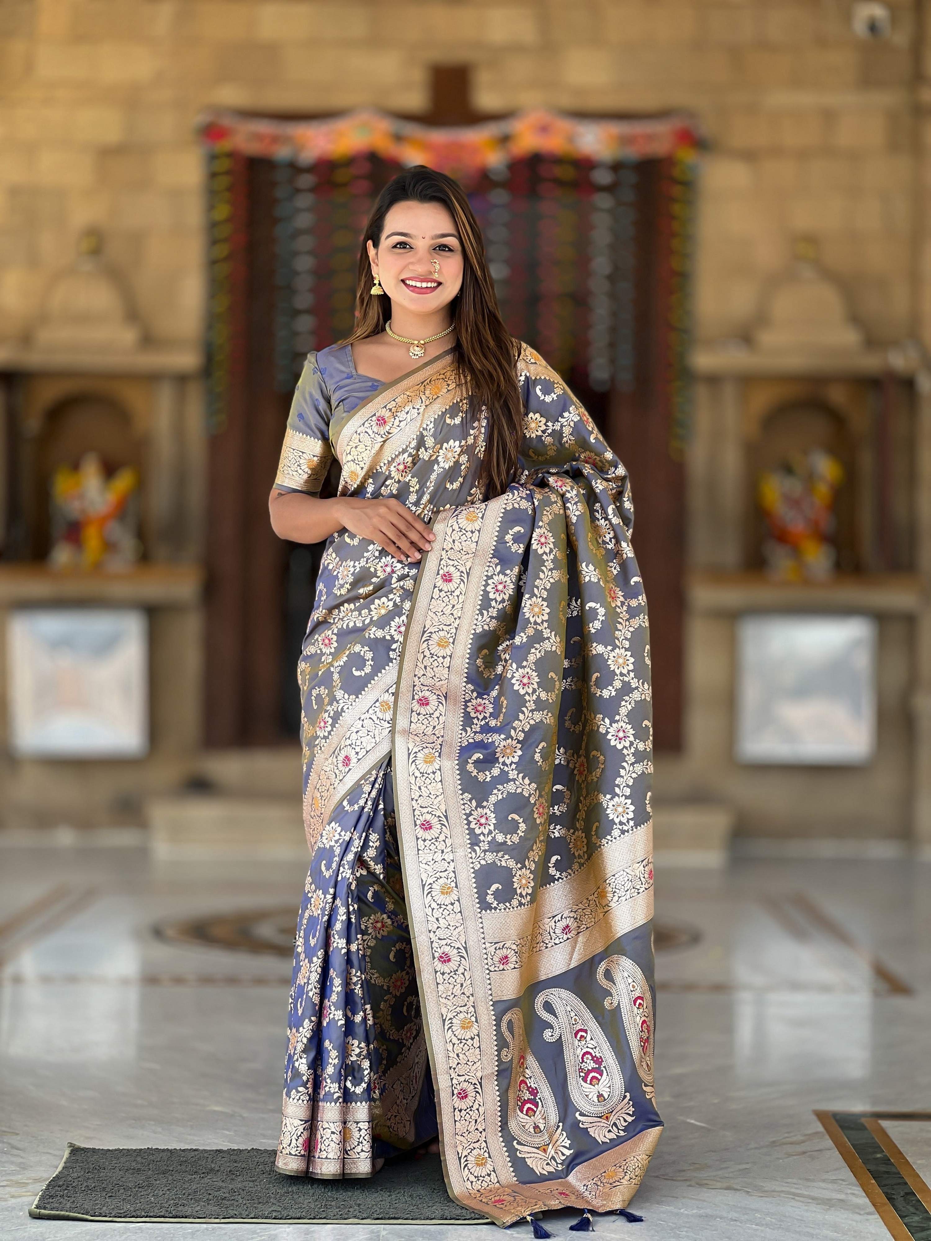 Vedant Vastram Soft Litchi Silk Banarasi Silk Jacquard Saree - Grey | Grocsy