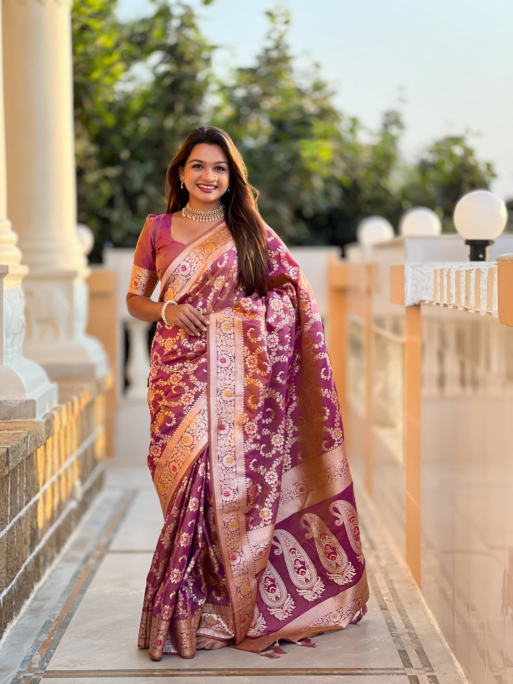Vedant Vastram Soft Litchi Silk Banarasi Silk Jacquard Saree - Purple | Grocsy