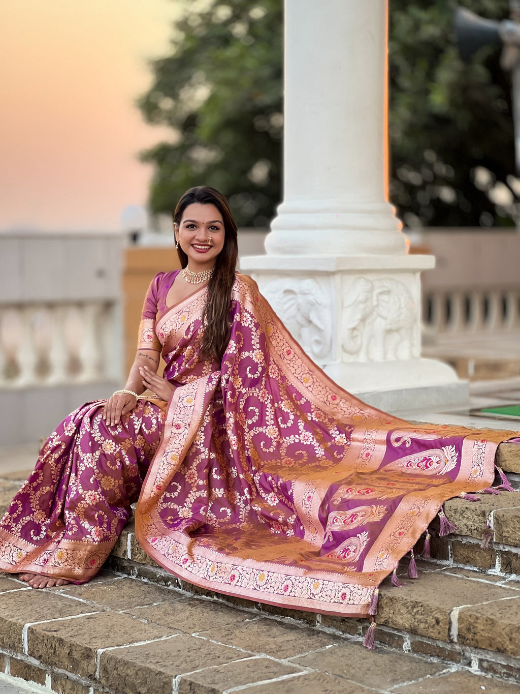 Vedant Vastram Soft Litchi Silk Banarasi Silk Jacquard Saree - Purple | Grocsy