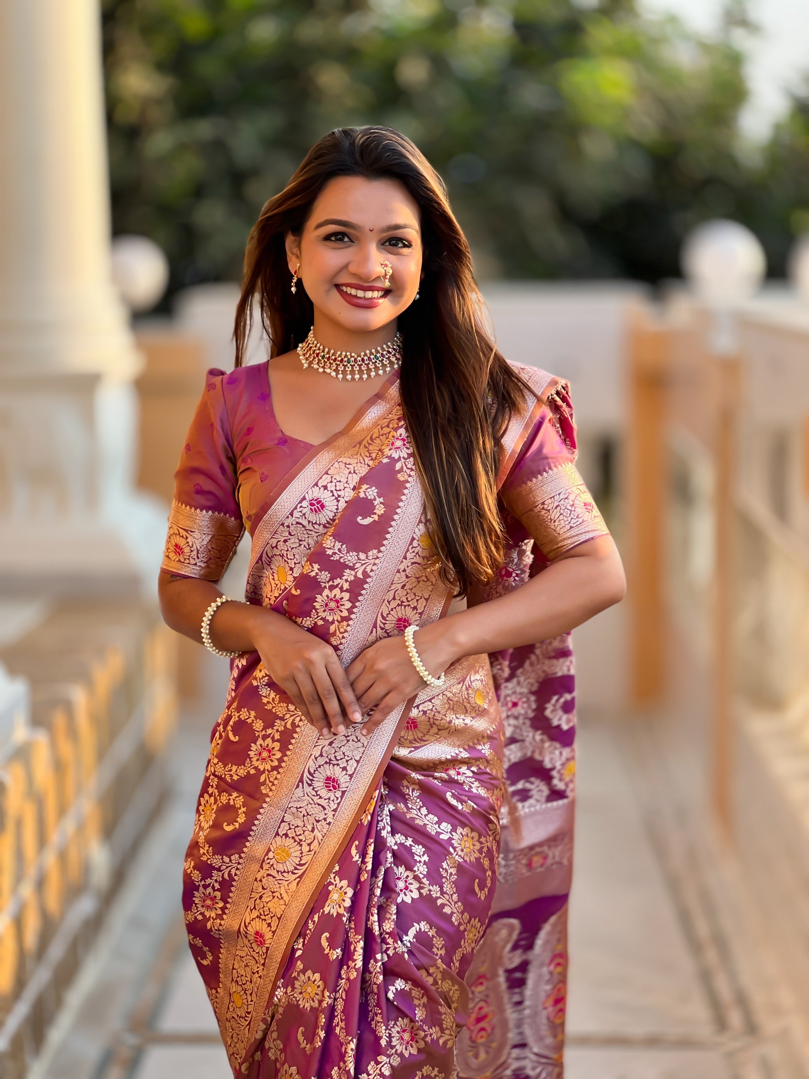 Vedant Vastram Soft Litchi Silk Banarasi Silk Jacquard Saree - Purple | Grocsy