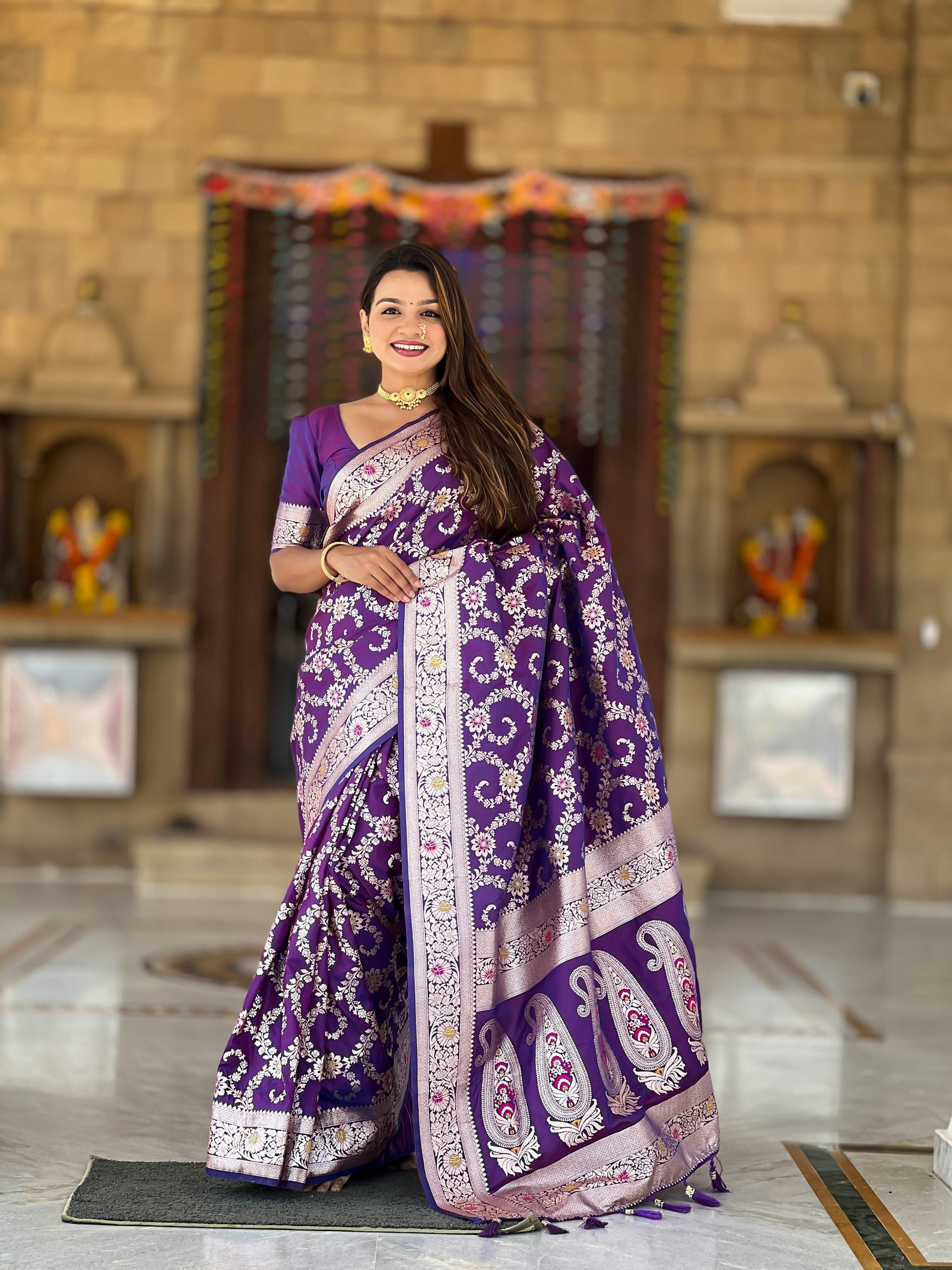 Vedant Vastram Soft Litchi Silk Banarasi Silk Jacquard Saree - Violet | Grocsy
