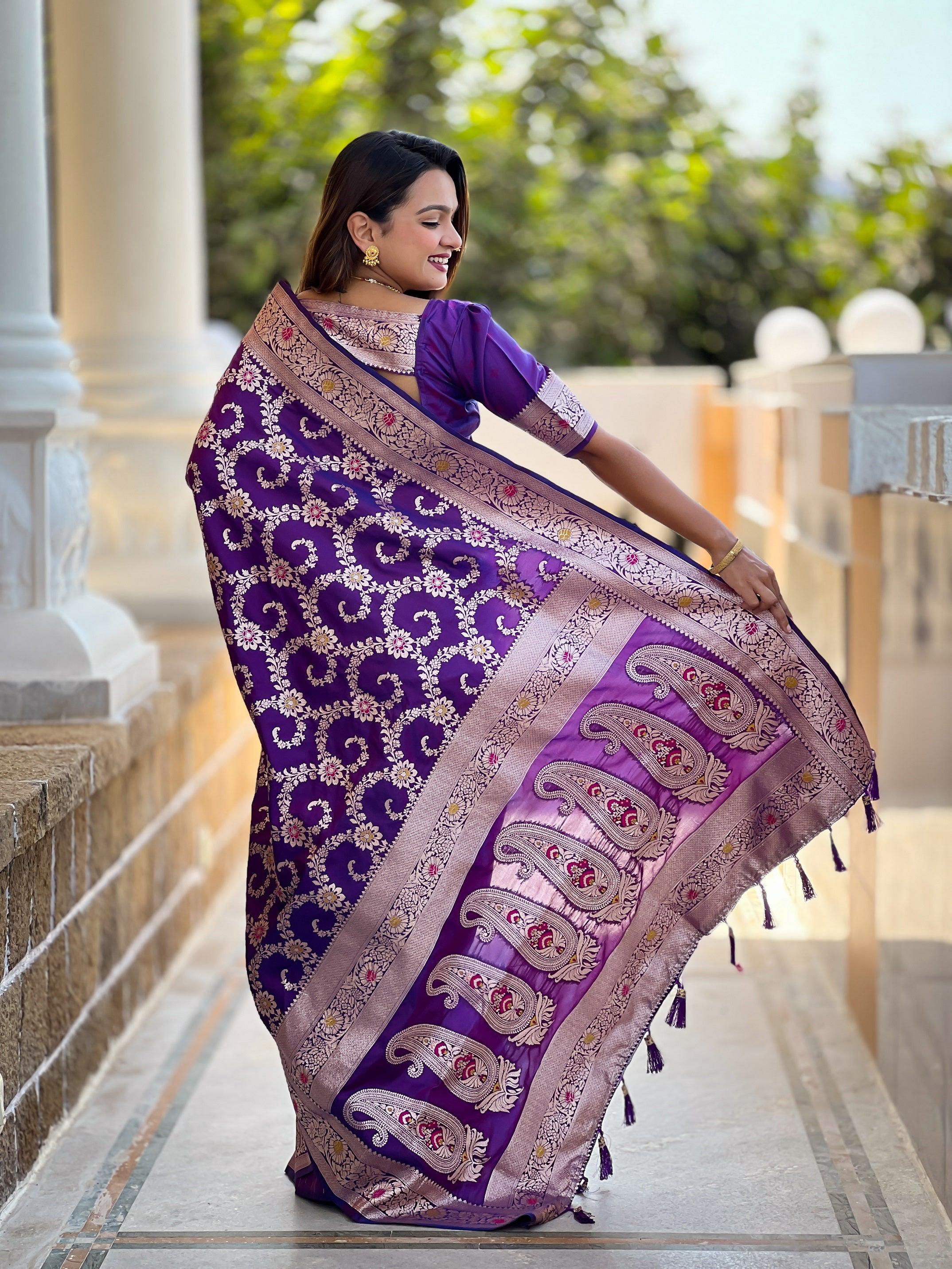 Vedant Vastram Soft Litchi Silk Banarasi Silk Jacquard Saree - Violet | Grocsy