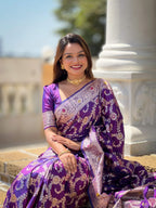 Vedant Vastram Soft Litchi Silk Banarasi Silk Jacquard Saree - Violet | Grocsy
