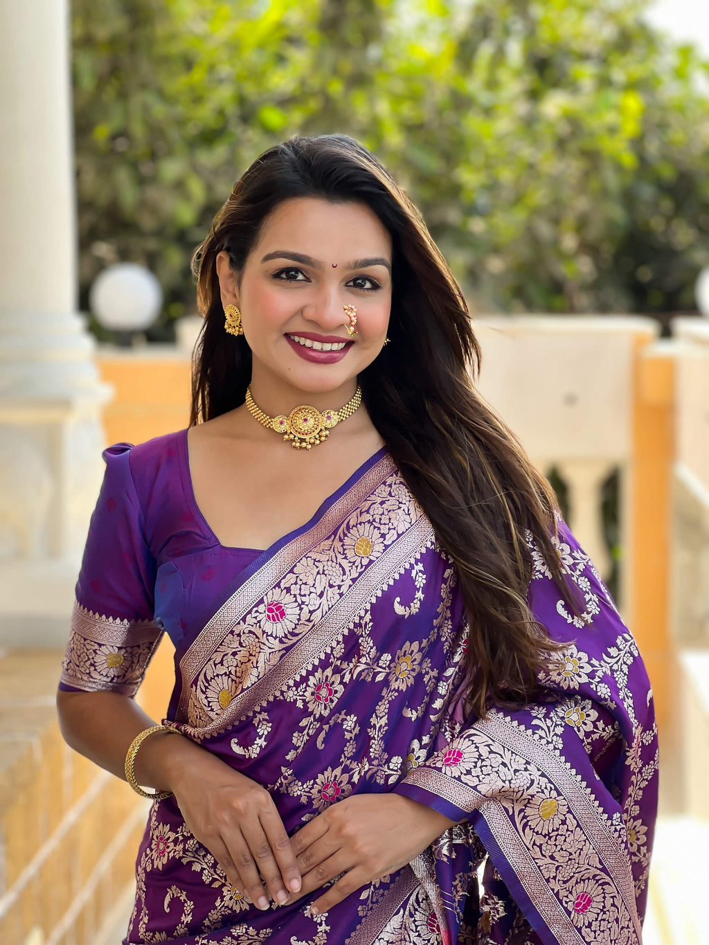 Vedant Vastram Soft Litchi Silk Banarasi Silk Jacquard Saree - Violet | Grocsy