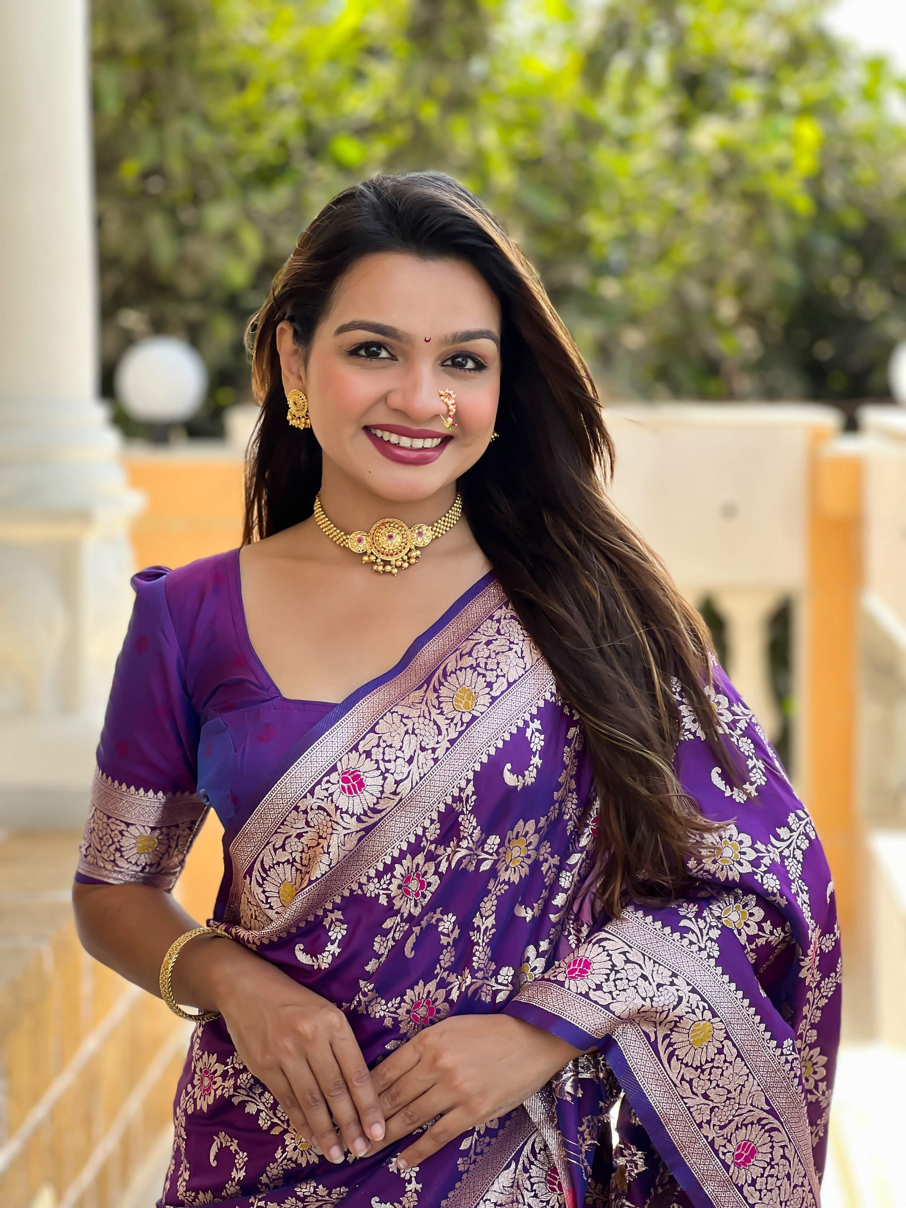 Vedant Vastram Soft Litchi Silk Banarasi Silk Jacquard Saree - Violet | Grocsy