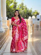 Vedant Vastram Soft Litchi Silk Banarasi Silk Jacquard Saree - Rani | Grocsy