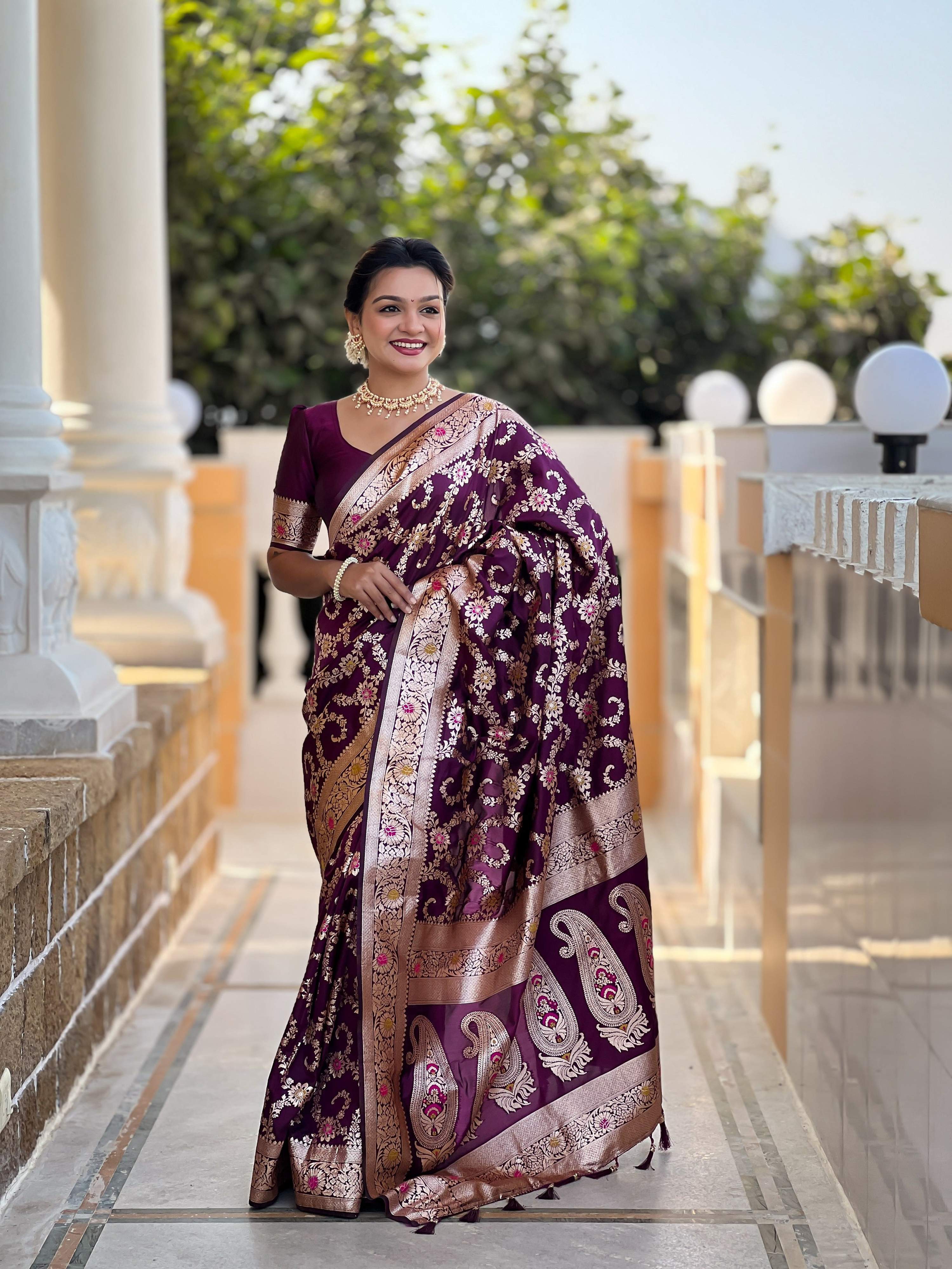 Vedant Vastram Soft Litchi Silk Banarasi Silk Jacquard Saree - Wine | Grocsy