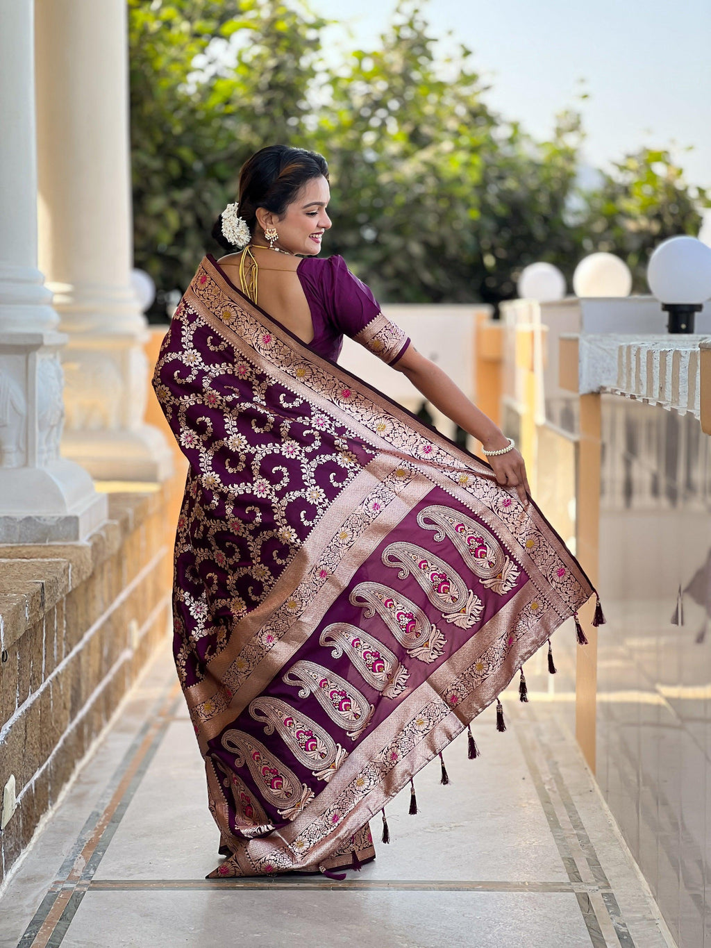 Vedant Vastram Soft Litchi Silk Banarasi Silk Jacquard Saree - Wine | Grocsy
