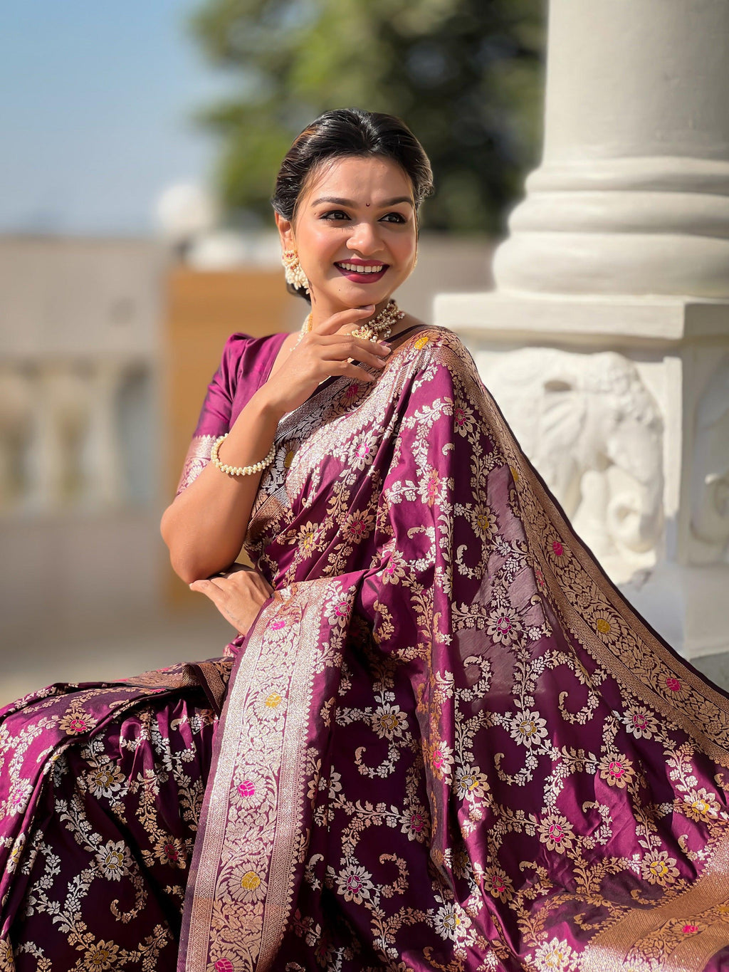 Vedant Vastram Soft Litchi Silk Banarasi Silk Jacquard Saree - Wine | Grocsy