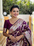 Vedant Vastram Soft Litchi Silk Banarasi Silk Jacquard Saree - Wine | Grocsy