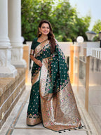 Vedant Vastram Soft Litchi Silk Banarasi Silk Jacquard Saree - Green | Grocsy