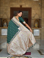 Vedant Vastram Soft Litchi Silk Banarasi Silk Jacquard Saree - Green | Grocsy