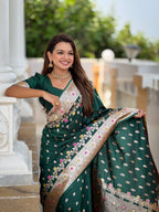 Vedant Vastram Soft Litchi Silk Banarasi Silk Jacquard Saree - Green | Grocsy