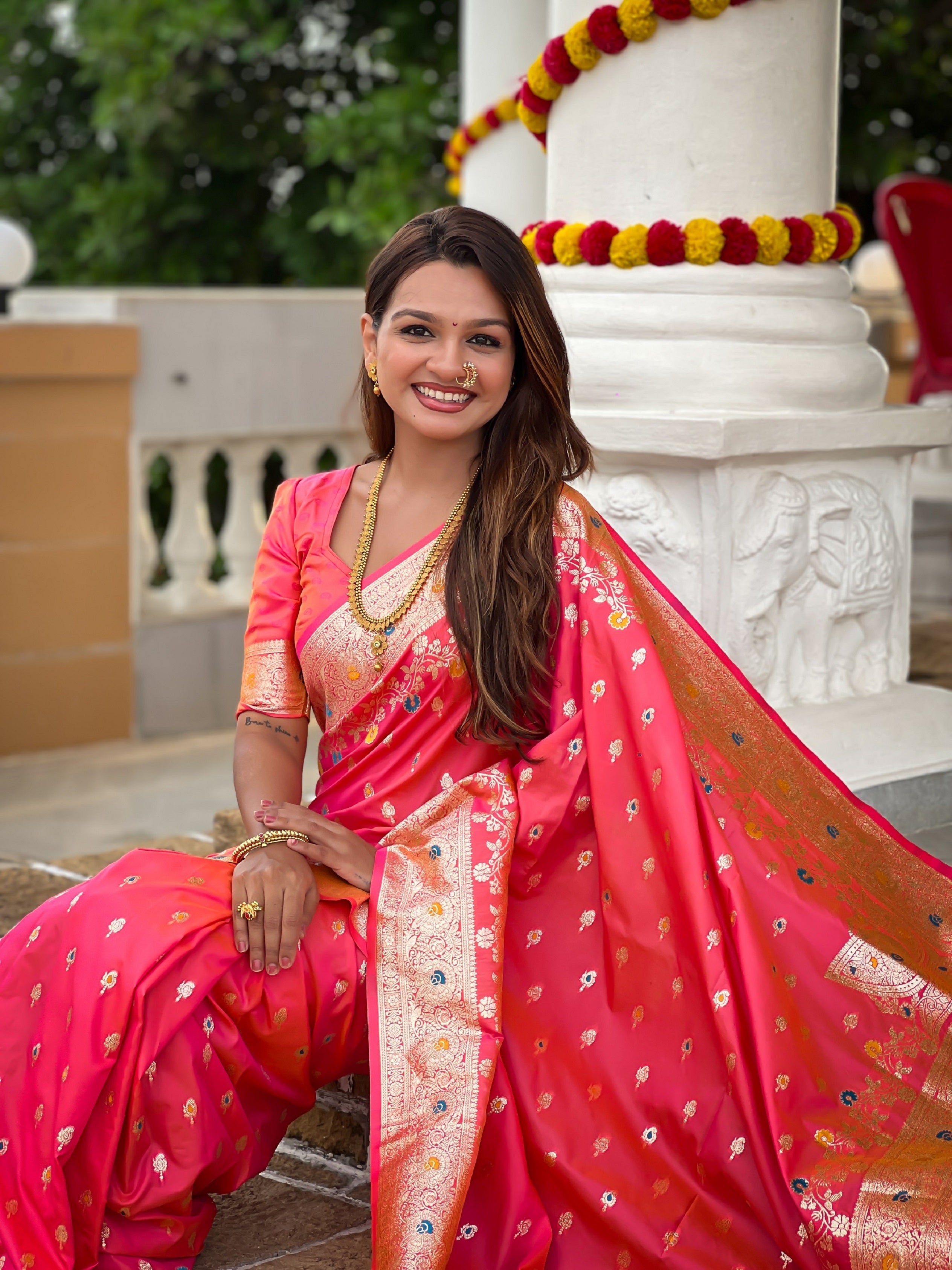 Vedant Vastram Soft Litchi Silk Banarasi Silk Jacquard Saree - Gajri | Grocsy