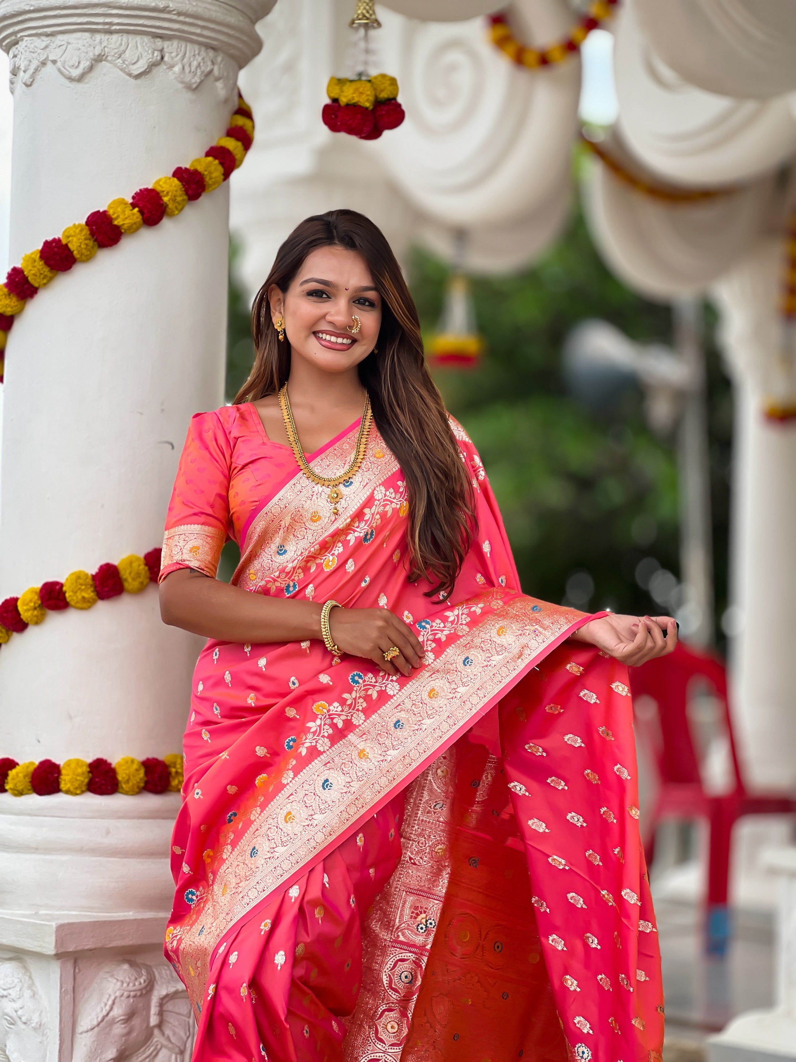 Vedant Vastram Soft Litchi Silk Banarasi Silk Jacquard Saree - Gajri | Grocsy