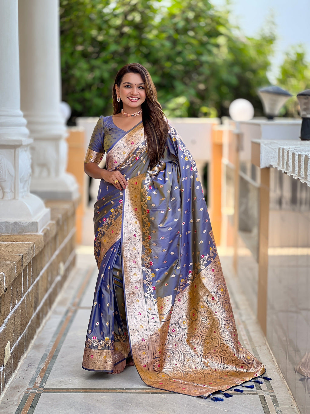 Vedant Vastram Soft Litchi Silk Banarasi Silk Jacquard Saree - Grey | Grocsy