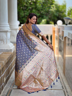 Vedant Vastram Soft Litchi Silk Banarasi Silk Jacquard Saree - Grey | Grocsy