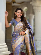 Vedant Vastram Soft Litchi Silk Banarasi Silk Jacquard Saree - Grey | Grocsy