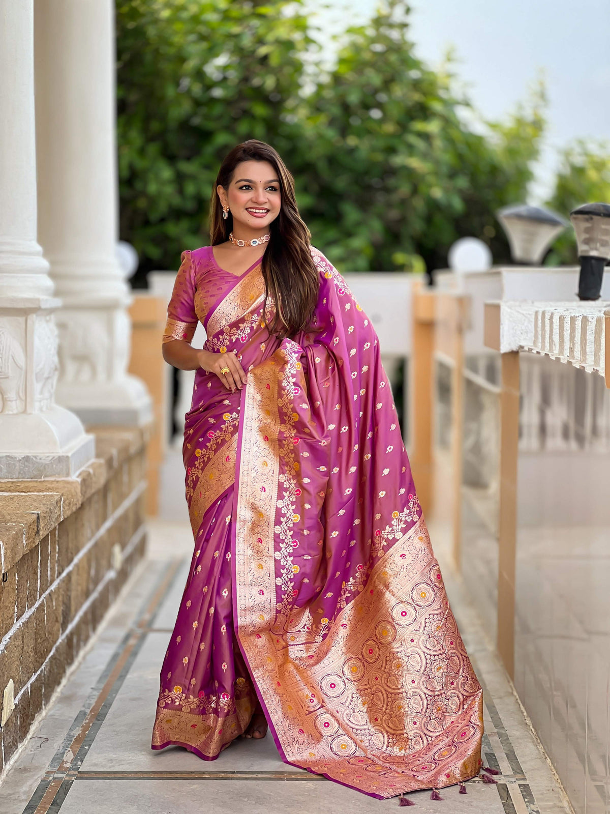 Vedant Vastram Soft Litchi Silk Banarasi Silk Jacquard Saree - Purple | Grocsy