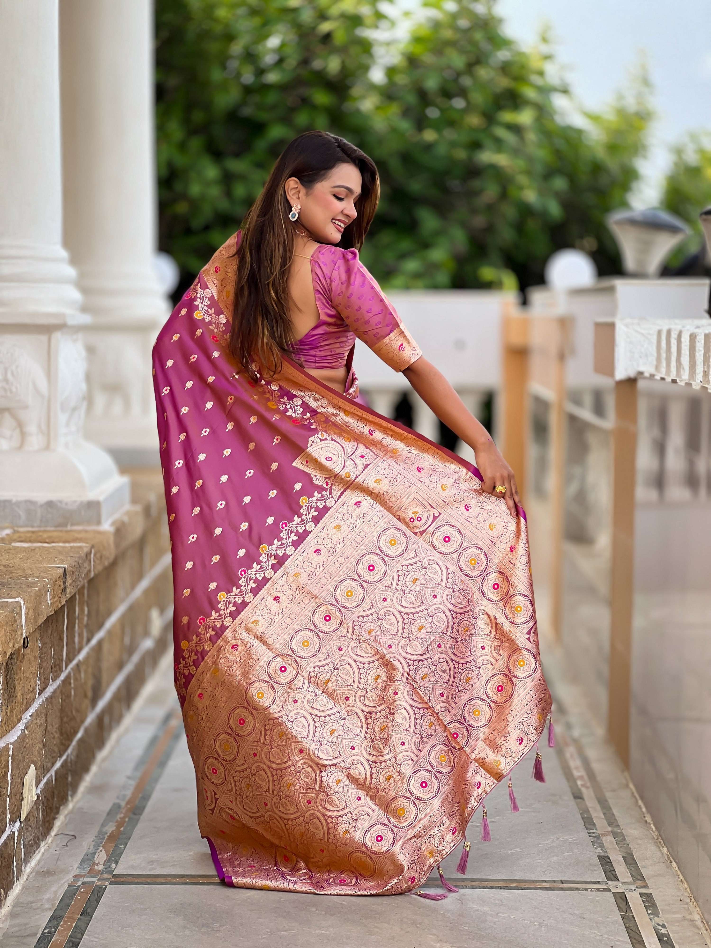 Vedant Vastram Soft Litchi Silk Banarasi Silk Jacquard Saree - Purple | Grocsy