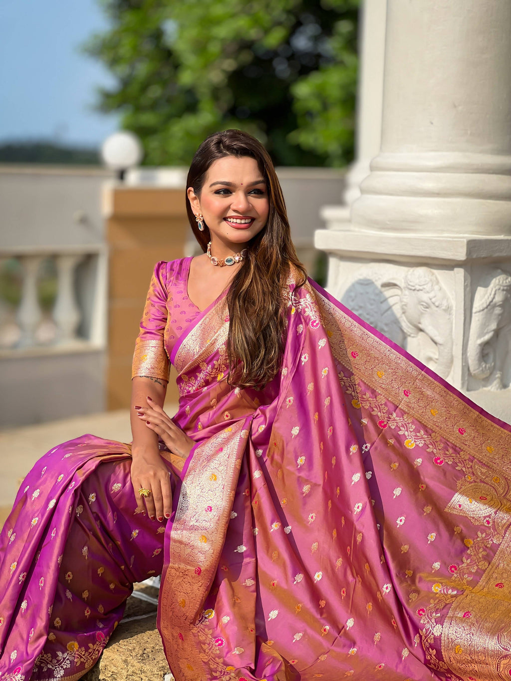 Vedant Vastram Soft Litchi Silk Banarasi Silk Jacquard Saree - Purple | Grocsy