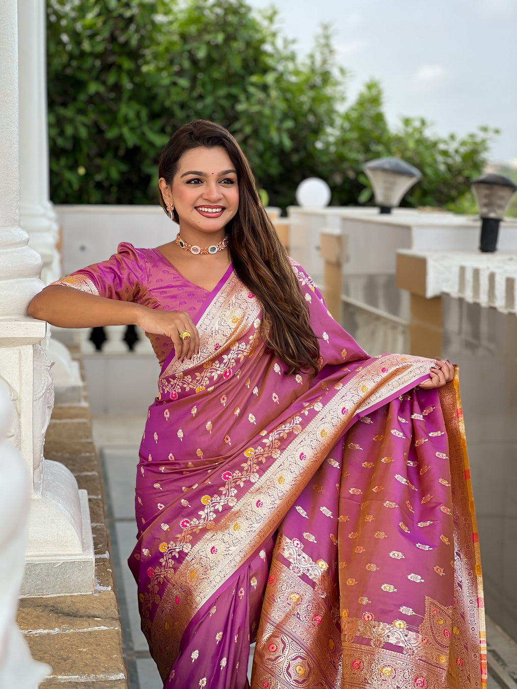 Vedant Vastram Soft Litchi Silk Banarasi Silk Jacquard Saree - Purple | Grocsy